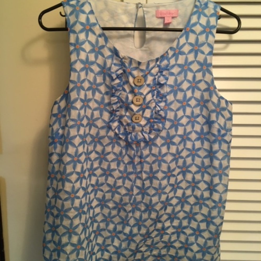 Lilly Pulitzer Blue & White Geometric Ruffle Tank